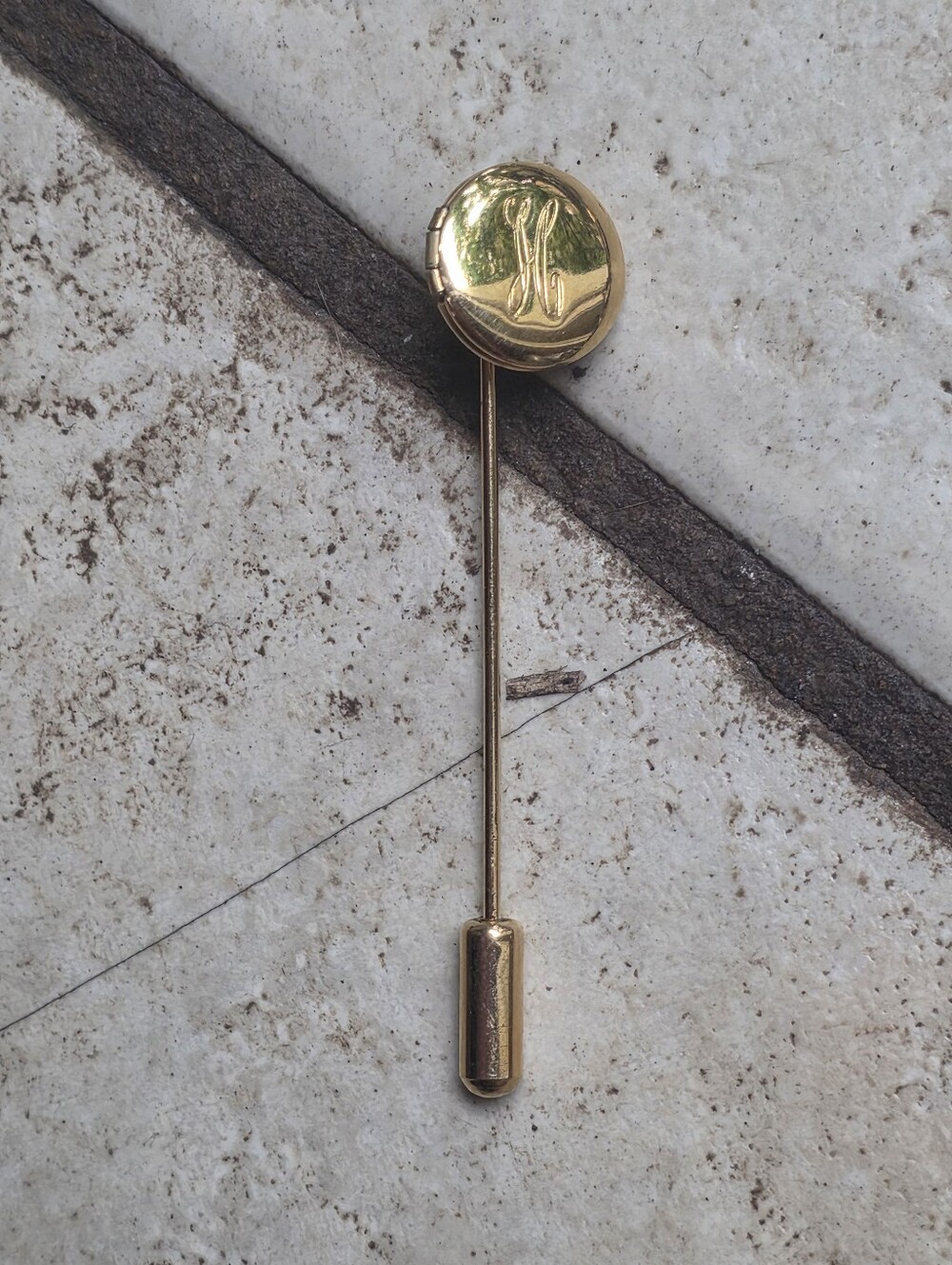 Vintage Gold-tone Stickpin Locket With Letter H Engraved On Center